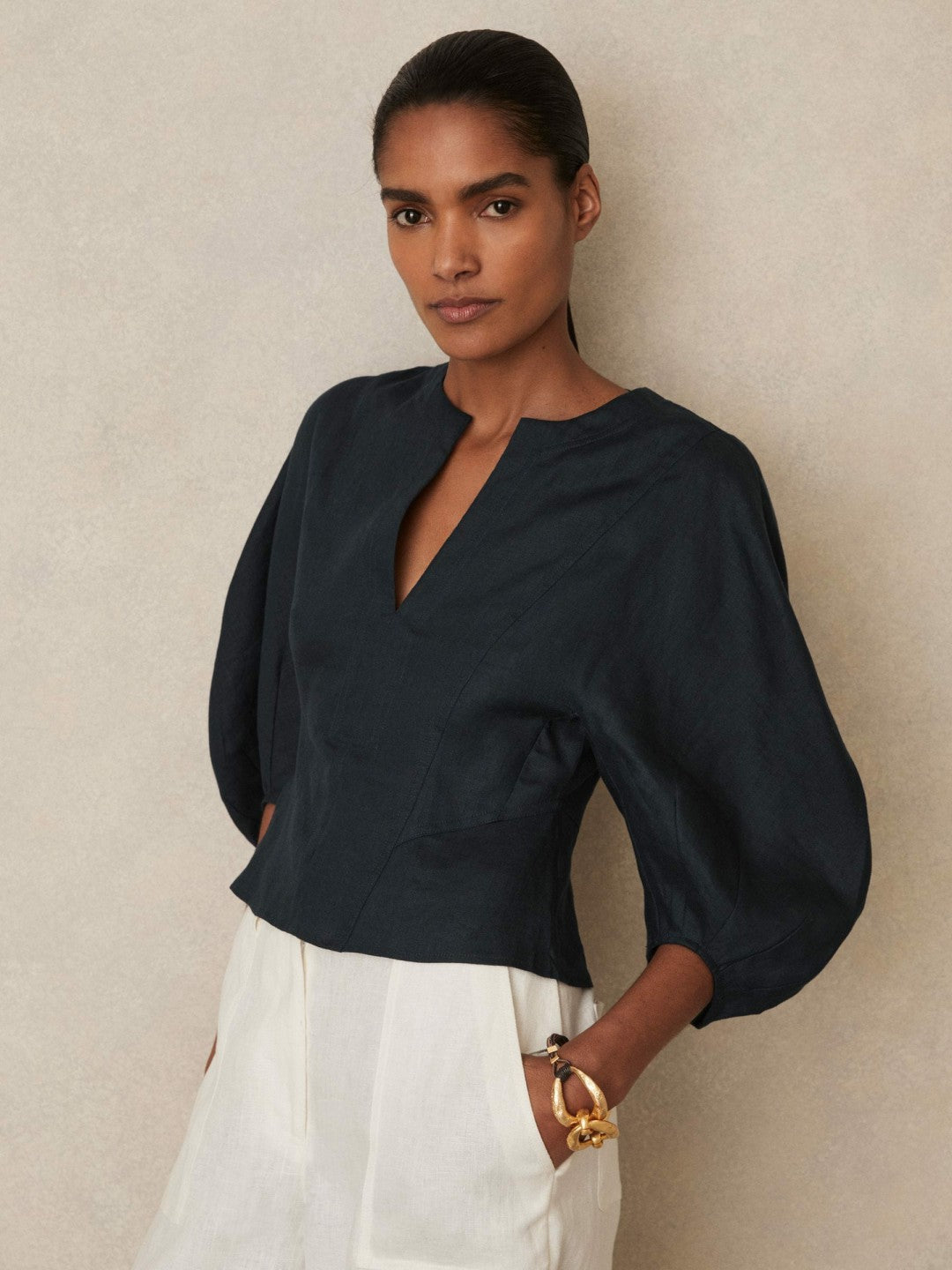Reiss Linen Balloon-Sleeve Top in Navy