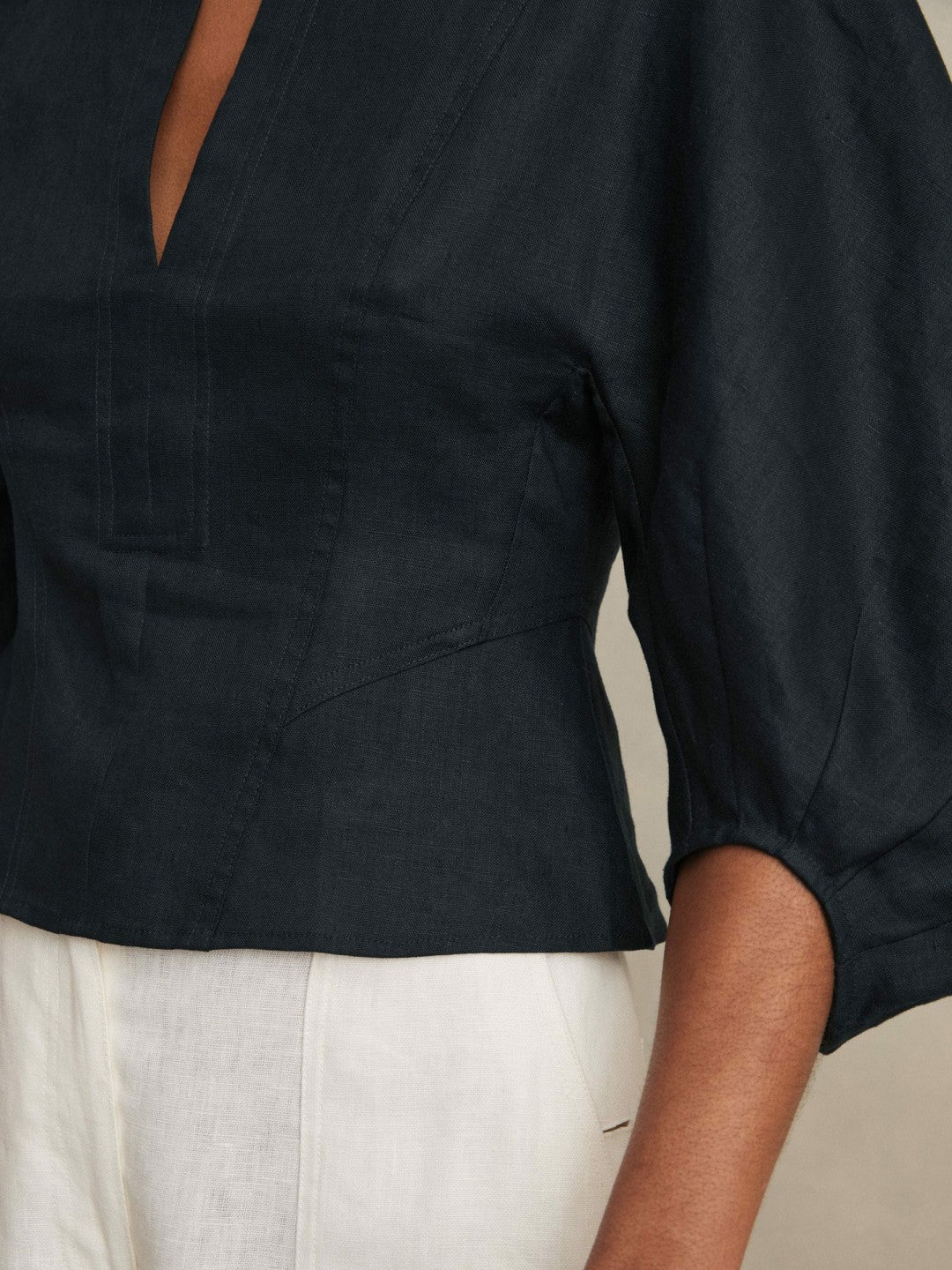 Reiss Linen Balloon-Sleeve Top in Navy