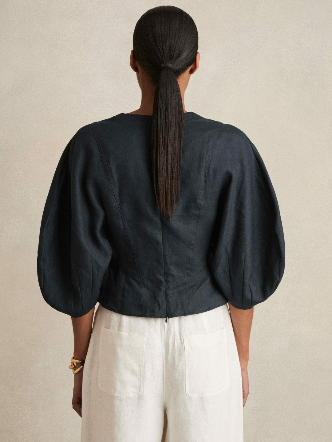 Reiss Linen Balloon-Sleeve Top in Navy