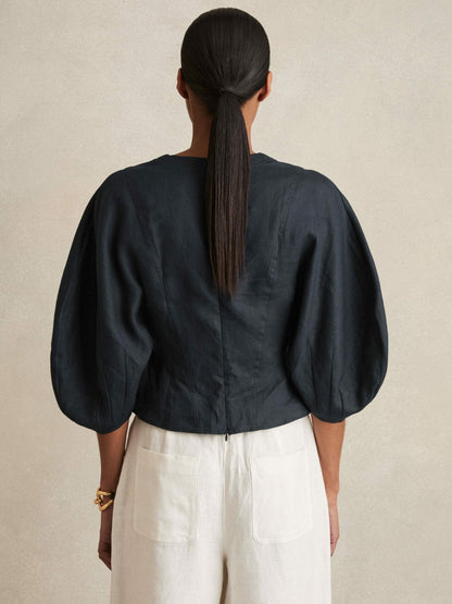 Reiss Linen Balloon-Sleeve Top in Navy