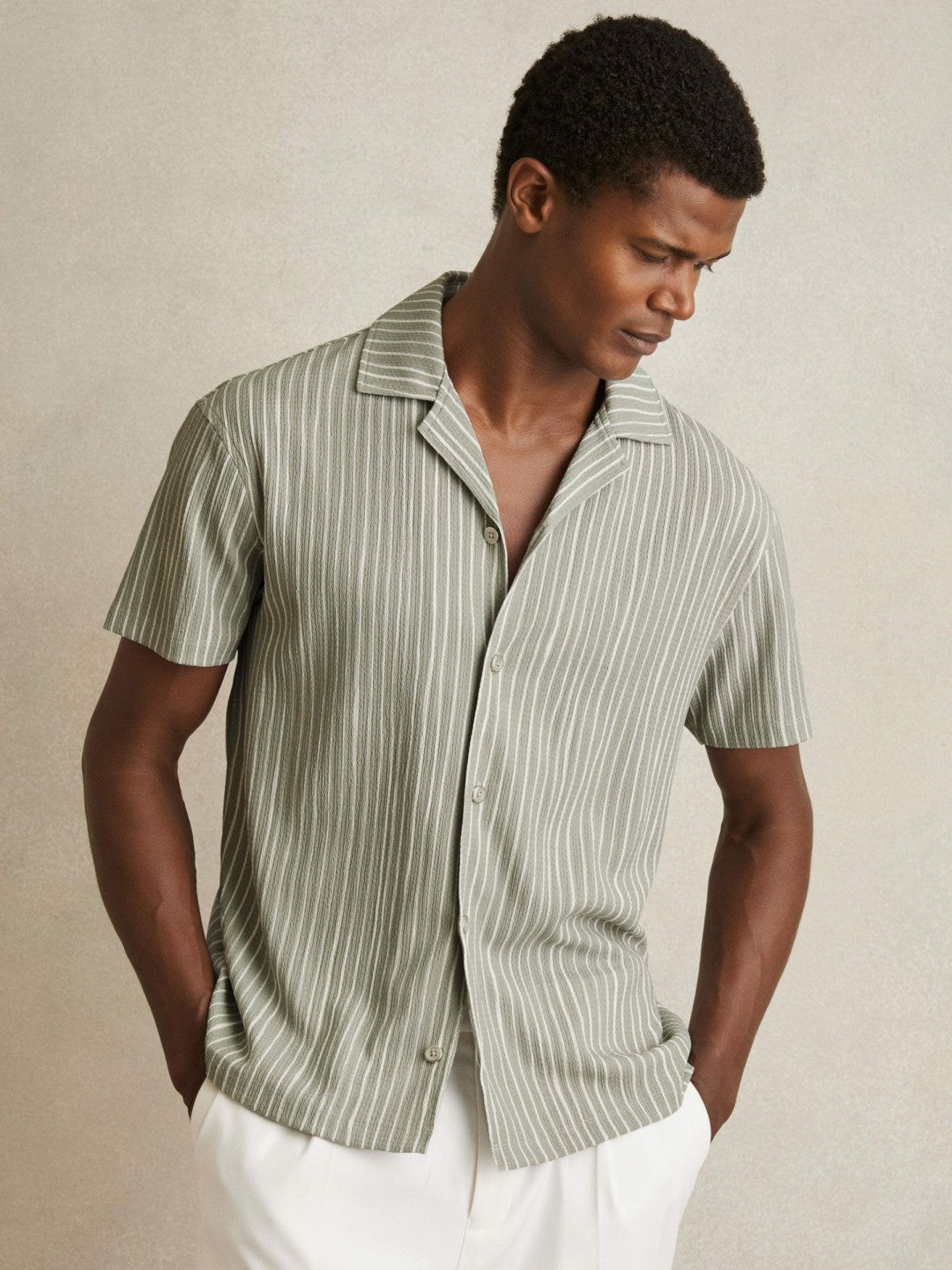 Reiss Textured Stripe Cuban Collar Shirt in Sage/White