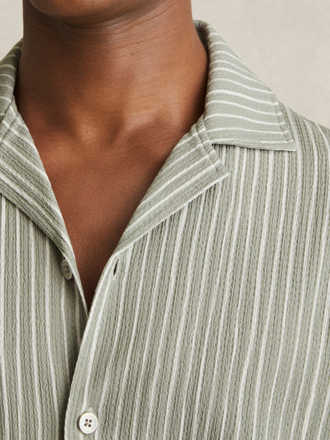 Reiss Textured Stripe Cuban Collar Shirt in Sage/White
