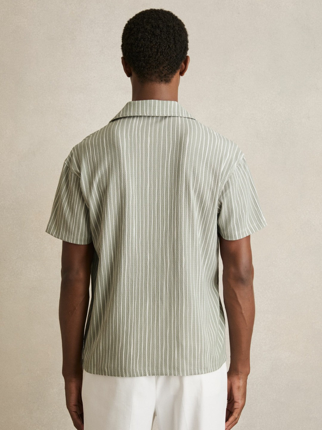 Reiss Textured Stripe Cuban Collar Shirt in Sage/White