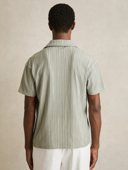 Reiss Textured Stripe Cuban Collar Shirt in Sage/White