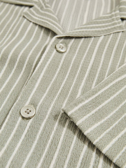 Reiss Textured Stripe Cuban Collar Shirt in Sage/White