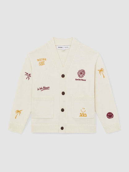 Reiss 9-13 yrs SmileyWorld Embroidery Cardigan Unisex Fit in Off White