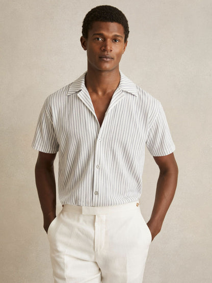 Reiss Textured Stripe Cuban Collar Shirt in White/Soft Blue