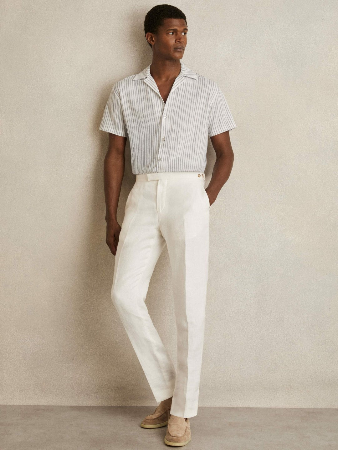 Reiss Textured Stripe Cuban Collar Shirt in White/Soft Blue
