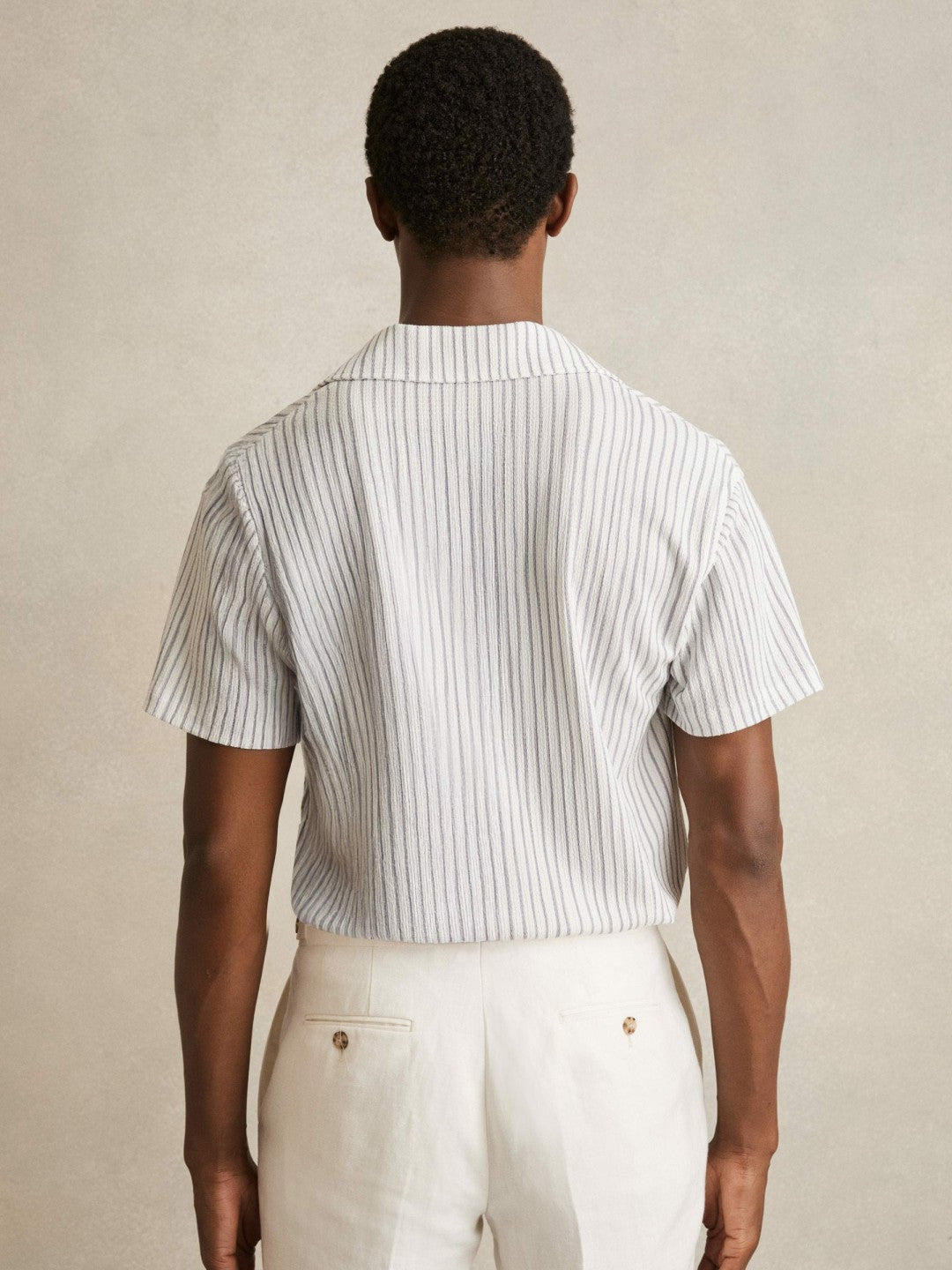 Reiss Textured Stripe Cuban Collar Shirt in White/Soft Blue