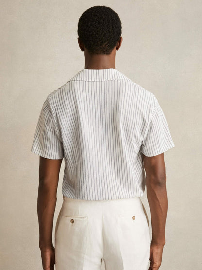 Reiss Textured Stripe Cuban Collar Shirt in White/Soft Blue