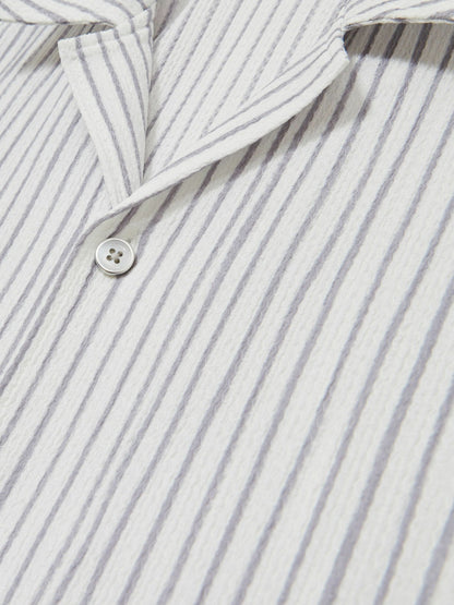 Reiss Textured Stripe Cuban Collar Shirt in White/Soft Blue
