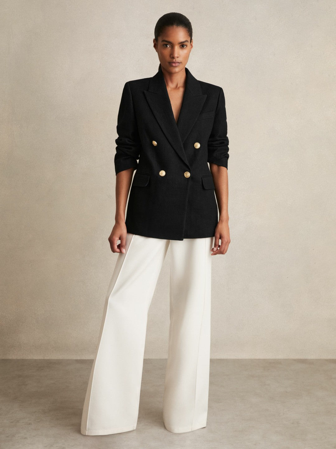 Reiss Oversized Double-Breasted Blazer Linen-Blend in Black