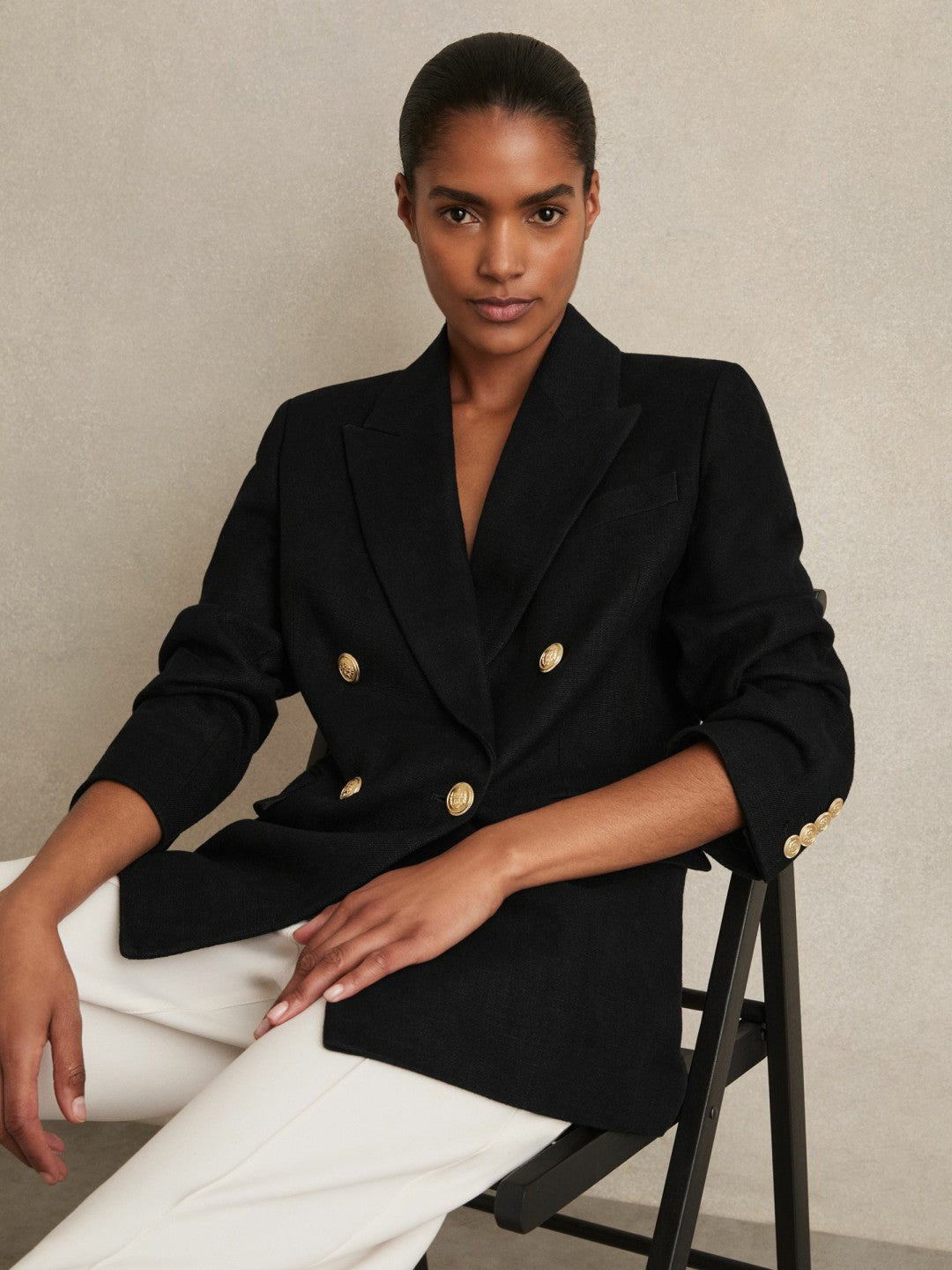 Reiss Oversized Double-Breasted Blazer Linen-Blend in Black