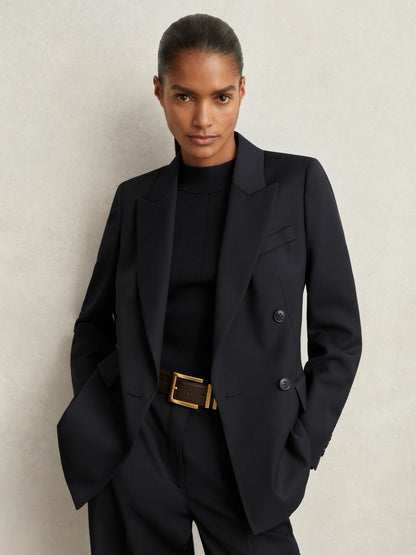 Reiss Wool Blend Double Breasted Suit Blazer in Navy