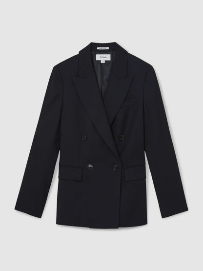 Reiss Wool Blend Double Breasted Suit Blazer in Navy