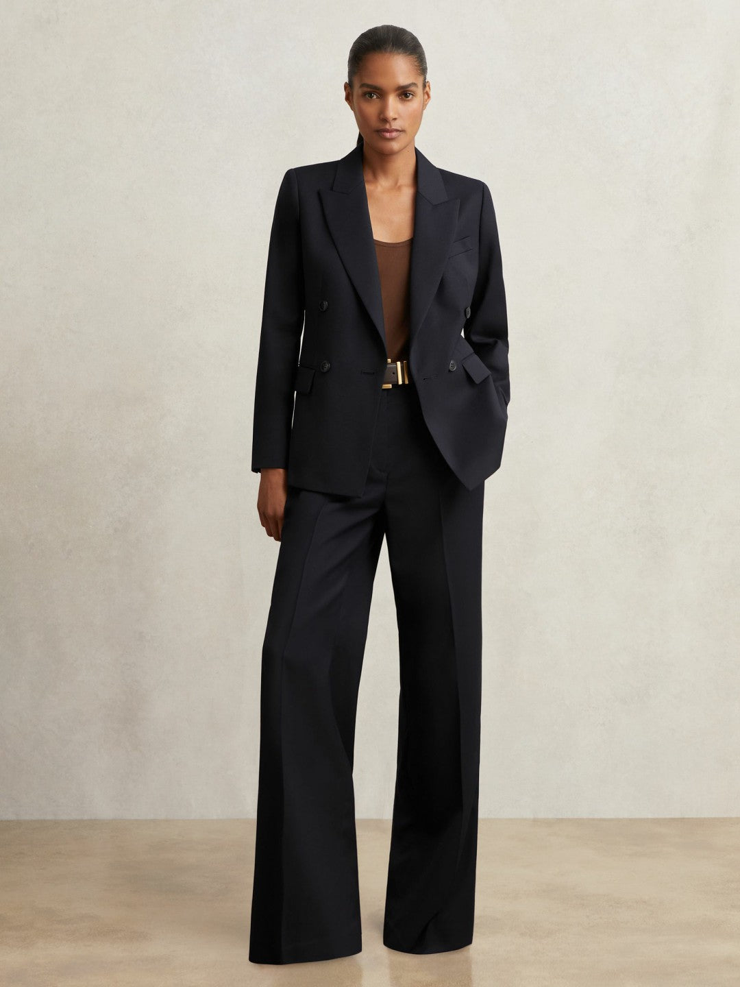 Reiss Wool Blend Double Breasted Suit Blazer in Navy