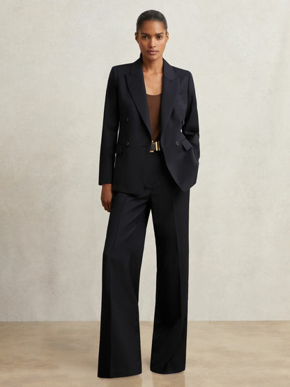 Reiss Wool Blend Double Breasted Suit Blazer in Navy