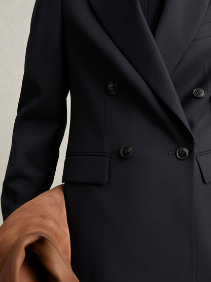 Reiss Wool Blend Double Breasted Suit Blazer in Navy