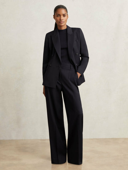 Reiss Wool Blend Double Breasted Suit Blazer in Navy