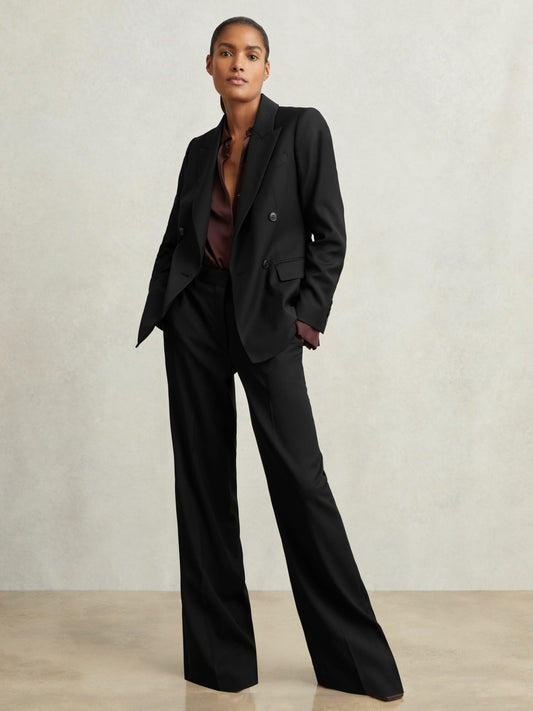 Reiss Wool-Blend Wide-Leg Suit Trousers in Black