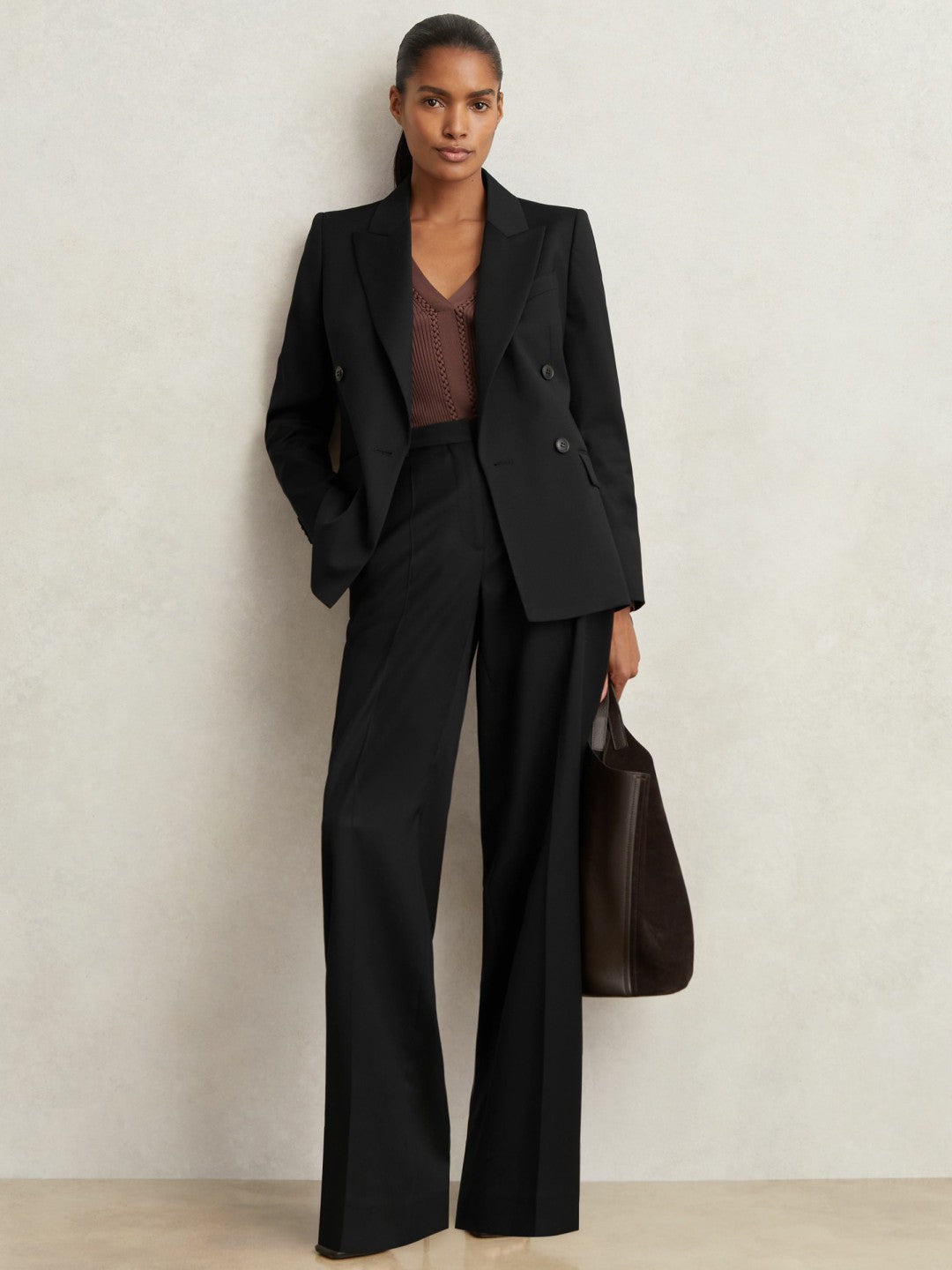 Reiss Wool Blend Double Breasted Suit Blazer in Black