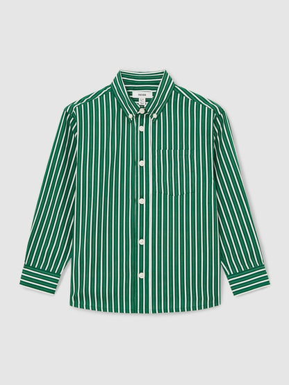 Reiss 3-9 yrs Cotton-Poplin Striped Oversize Shirt in Green/White