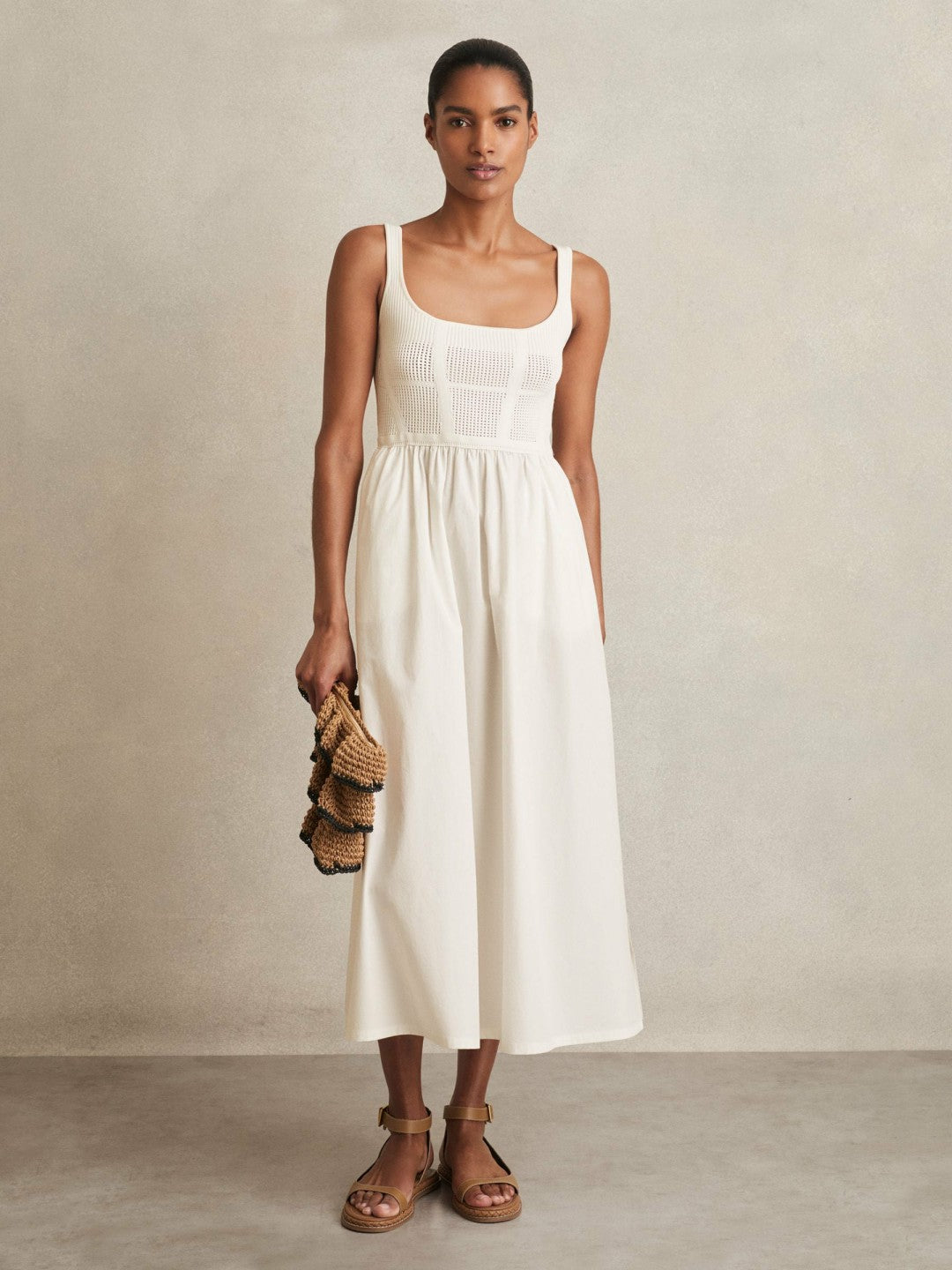 Reiss Perforated-Knit Cotton-Skirt Midi Dress in Ivory