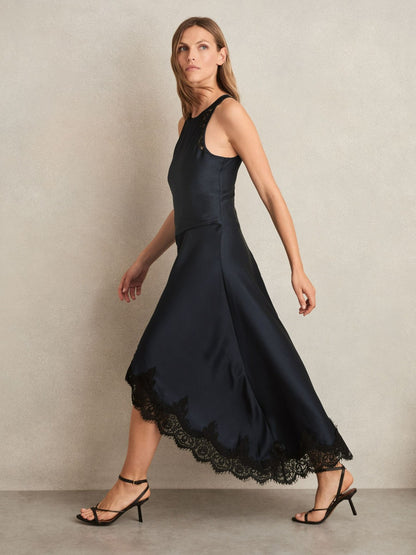 Reiss Petite Satin Drape Lace-Trim Dress in Navy