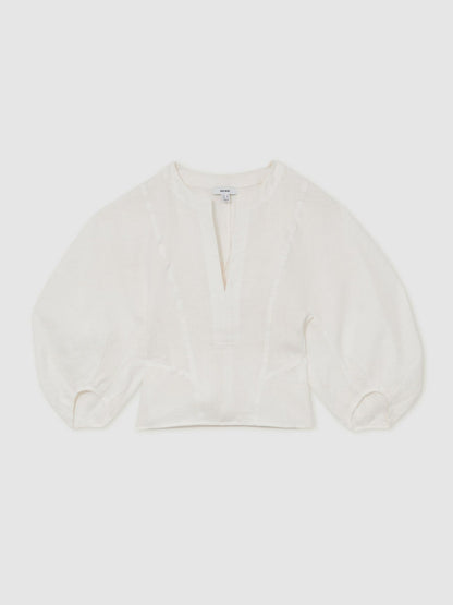Reiss Linen Balloon-Sleeve Top in Ivory