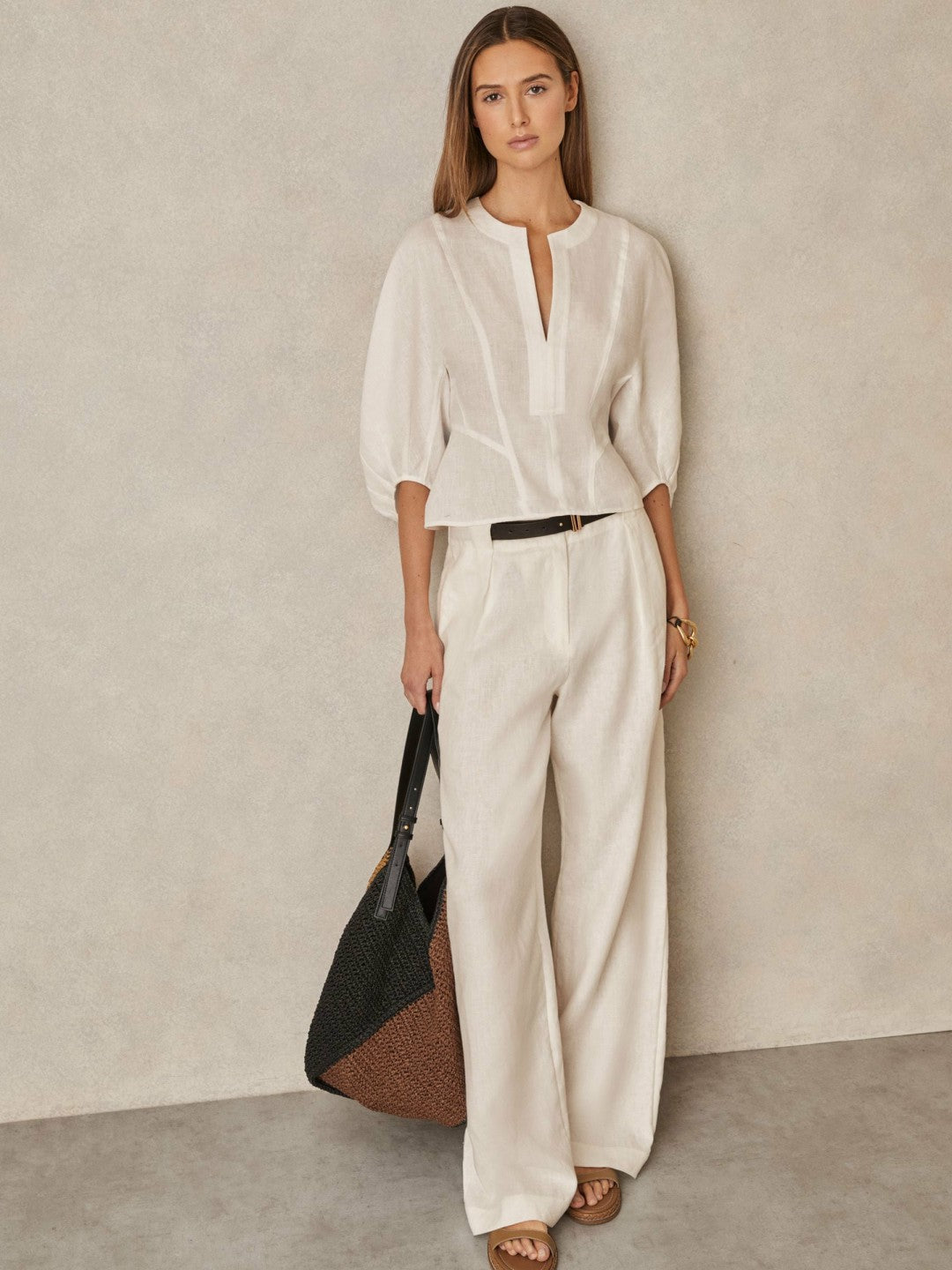 Reiss Linen Balloon-Sleeve Top in Ivory