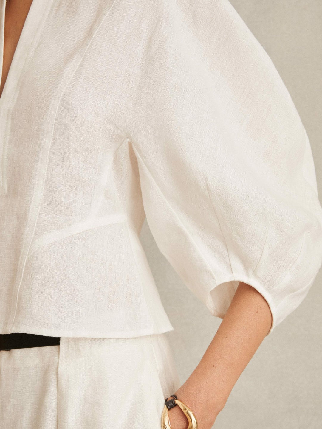 Reiss Linen Balloon-Sleeve Top in Ivory