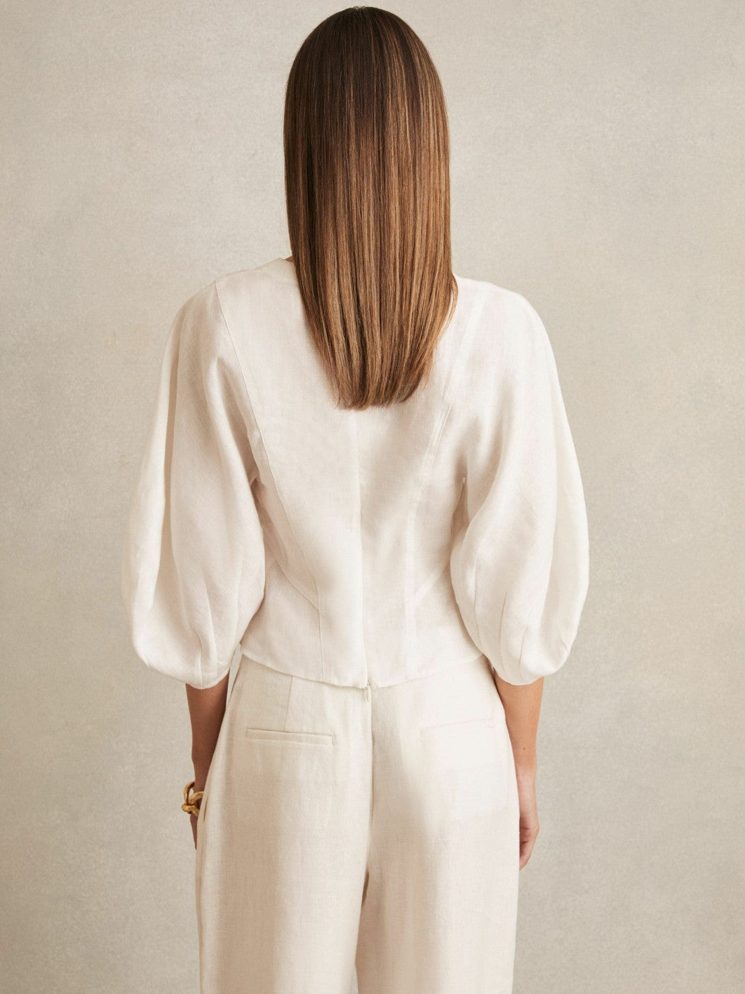 Reiss Linen Balloon-Sleeve Top in Ivory