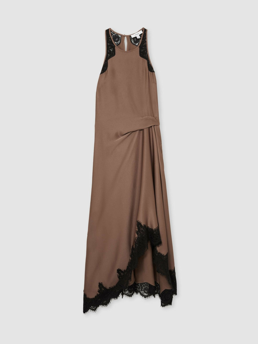 Reiss Satin Drape Lace-Trim Dress in Mocha Brown
