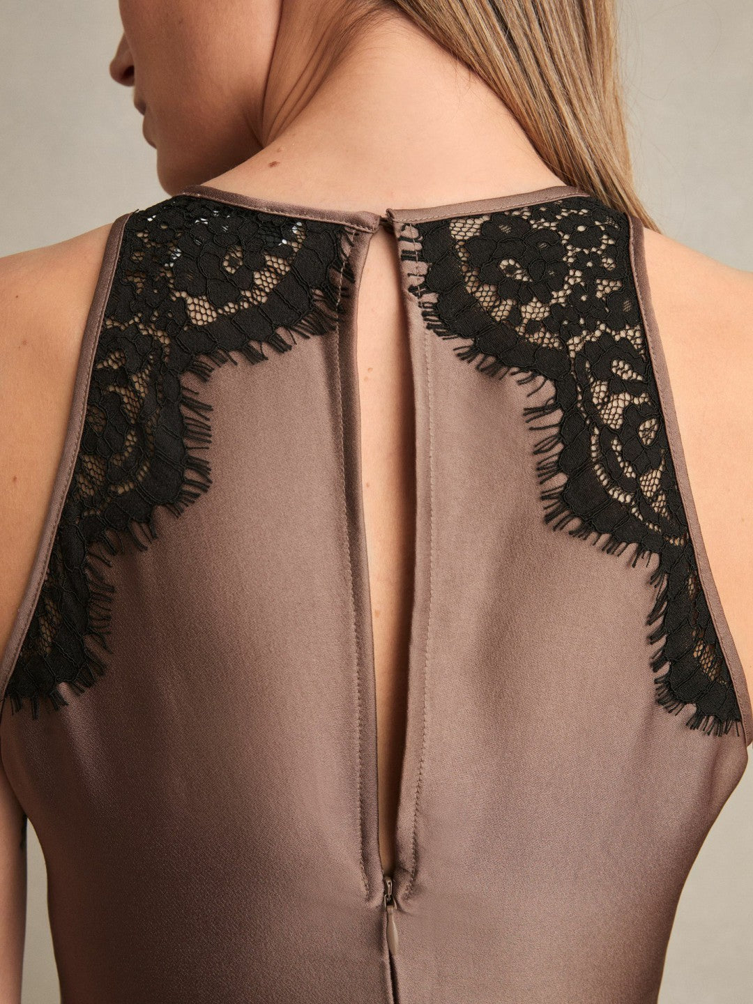Reiss Satin Drape Lace-Trim Dress in Mocha Brown