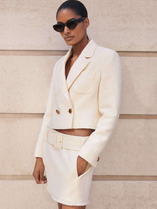Reiss Bouclé Belted Mini Skirt With Wool and Cotton in White