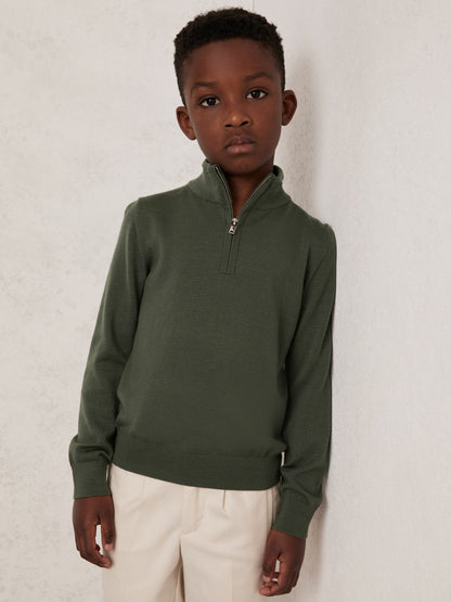 Reiss 3-9 yrs Merino Wool Half-Zip Funnel Neck Jumper in Kale Green