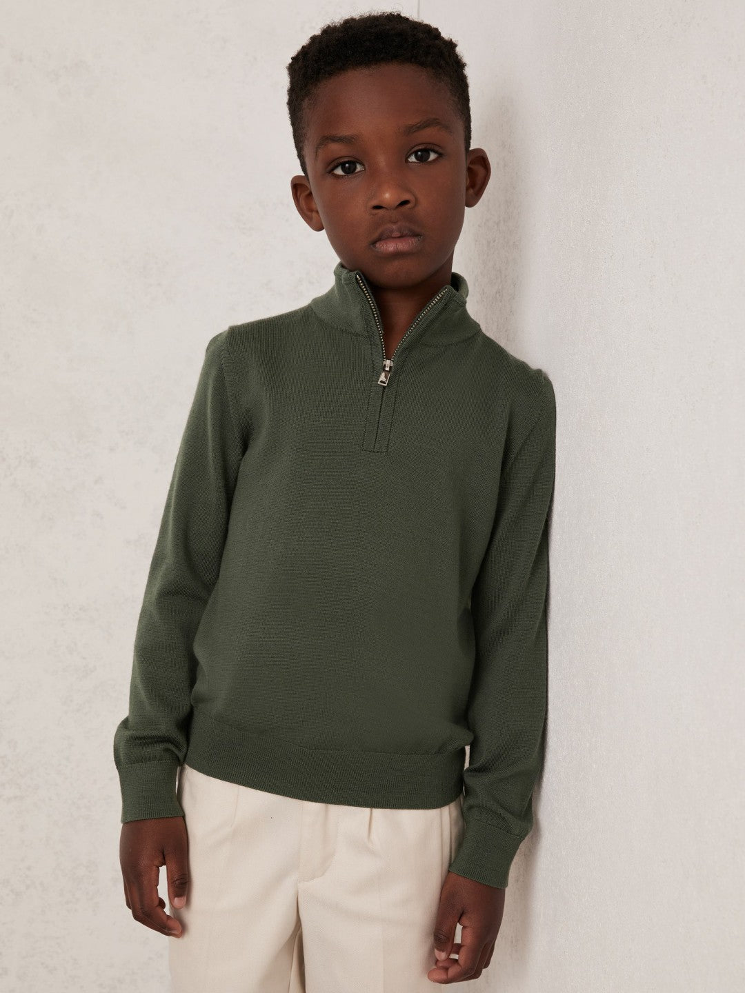 Reiss 9-13 yrs Merino Wool Half-Zip Funnel Neck Jumper in Kale Green