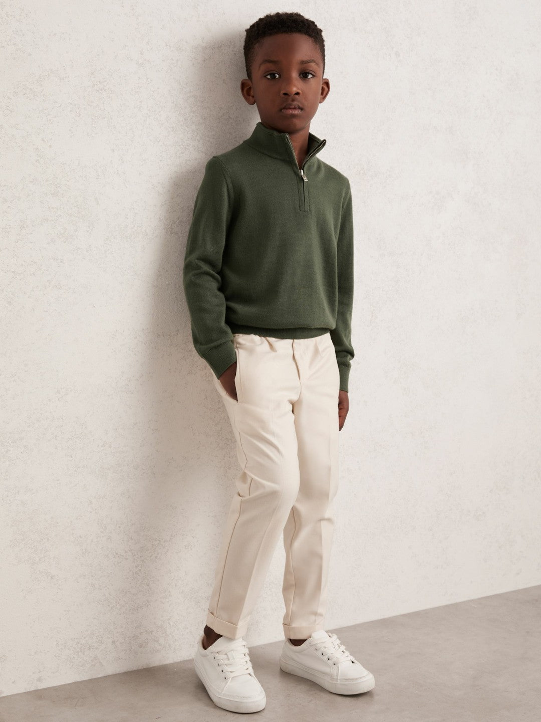 Reiss 9-13 yrs Merino Wool Half-Zip Funnel Neck Jumper in Kale Green