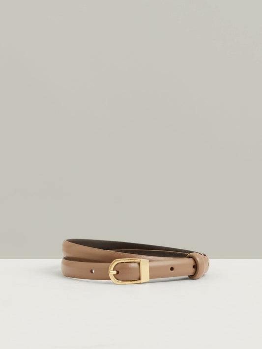 Reiss Leather Curved-Buckle Skinny Belt in Taupe