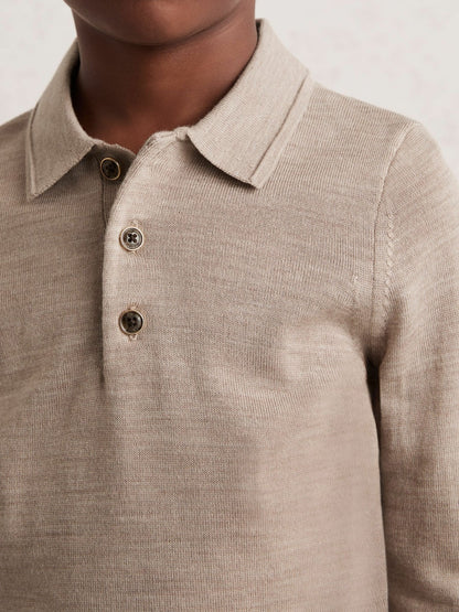 Reiss 9-13 yrs Merino Wool Long-Sleeve Polo Shirt in Wheat Melange
