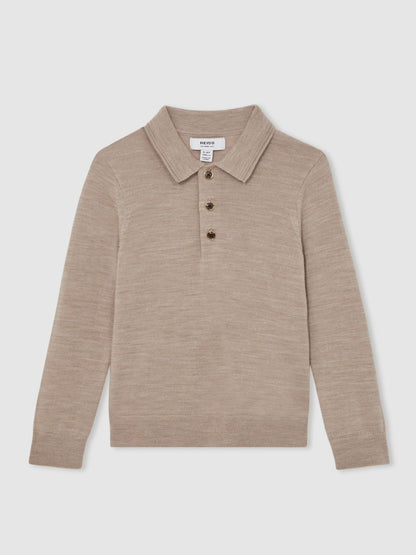 Reiss 9-13 yrs Merino Wool Long-Sleeve Polo Shirt in Wheat Melange