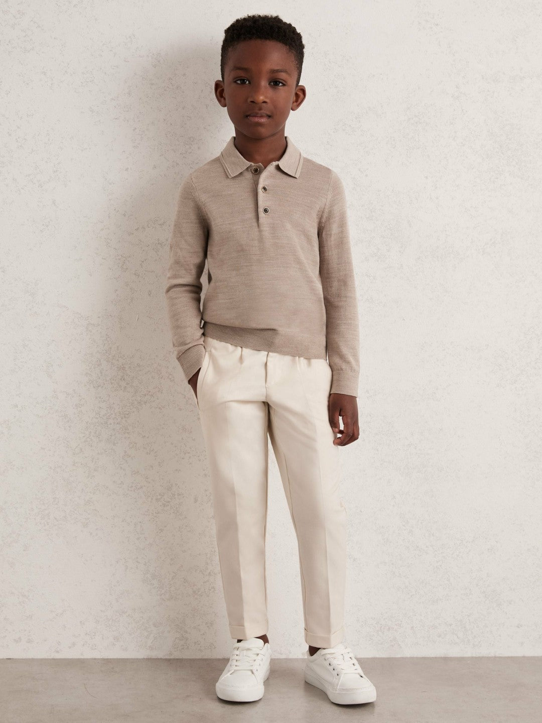 Reiss 9-13 yrs Merino Wool Long-Sleeve Polo Shirt in Wheat Melange