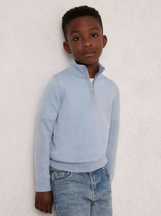 Reiss 9-13 yrs Merino Wool Half-Zip Funnel Neck Jumper in Soft Blue Melange