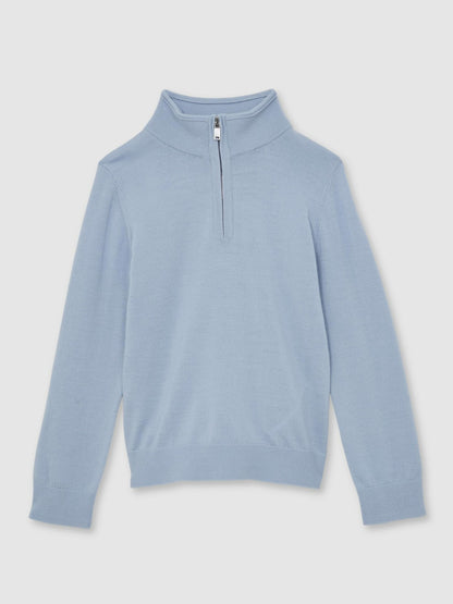 Reiss 9-13 yrs Merino Wool Half-Zip Funnel Neck Jumper in Soft Blue Melange