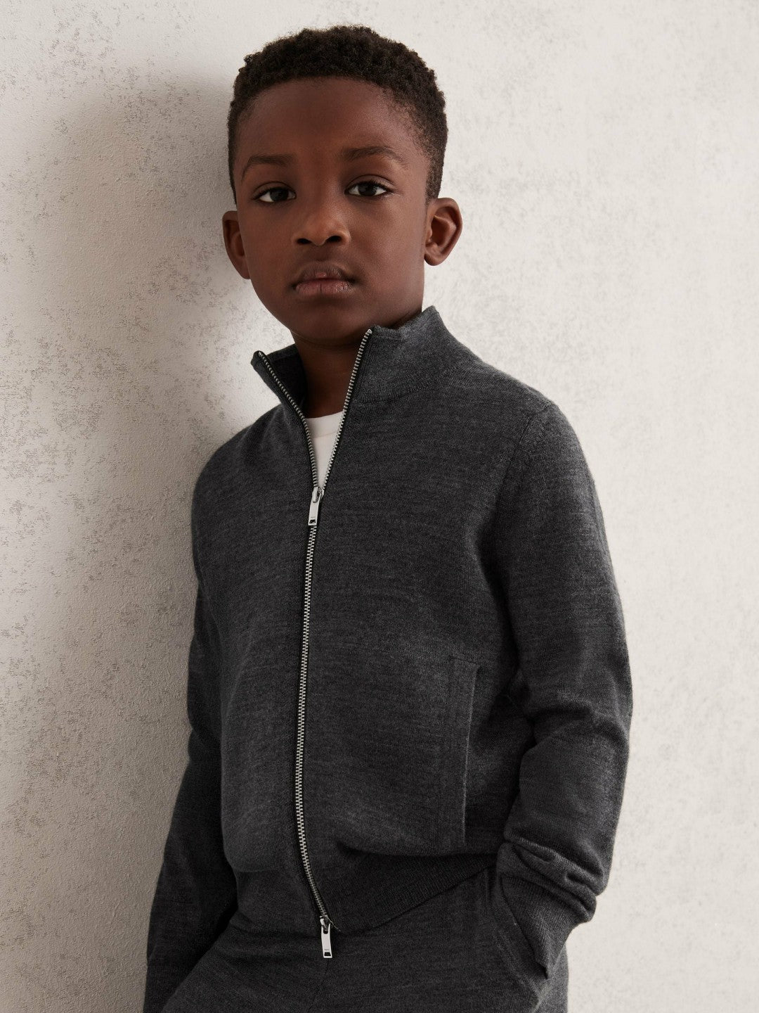 Reiss 3-9 yrs Merino Wool-Blend Zip-Through Cardigan in Derby Grey Melange