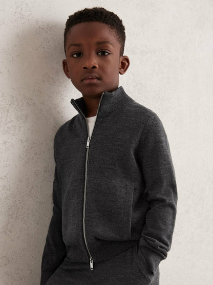 Reiss 3-9 yrs Merino Wool-Blend Zip-Through Cardigan in Derby Grey Melange