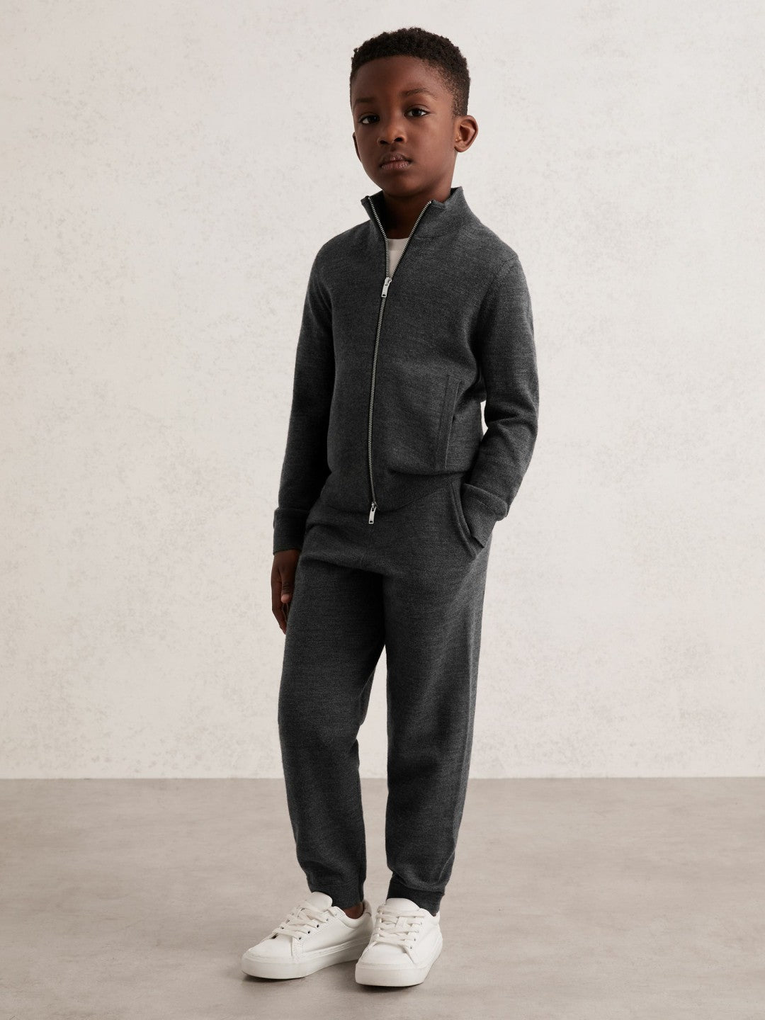 Reiss 9-13 yrs Merino Wool-Blend Zip-Through Cardigan in Derby Grey Melange