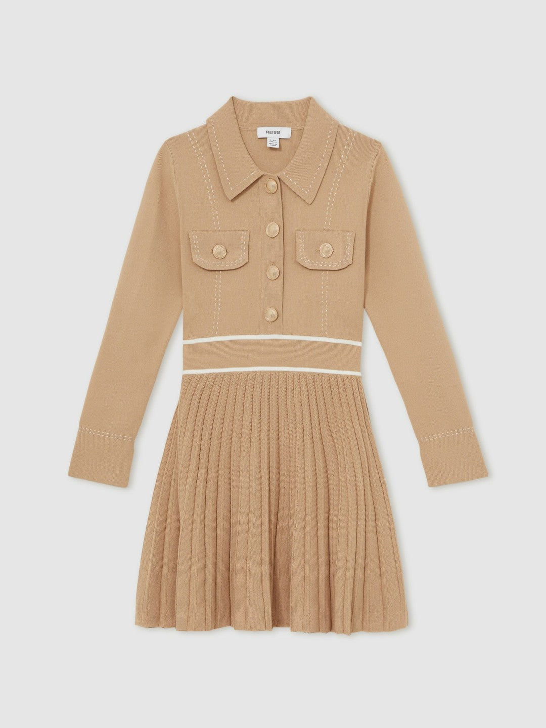 Reiss 13-14 yrs Button-Detail Stripe Knitted Dress in Camel