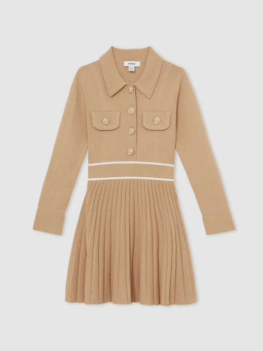 Reiss 13-14 yrs Button-Detail Stripe Knitted Dress in Camel