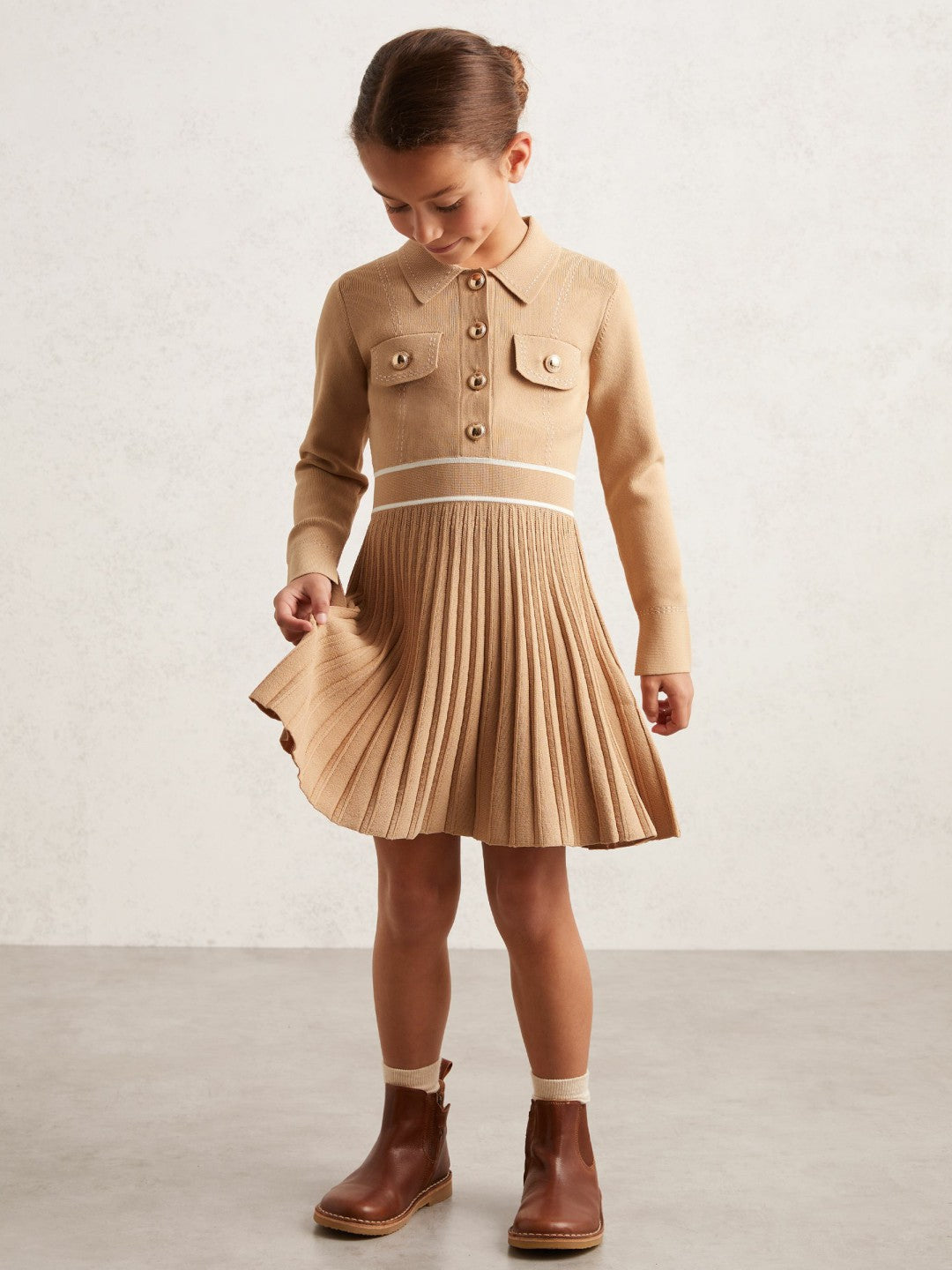 Reiss 13-14 yrs Button-Detail Stripe Knitted Dress in Camel